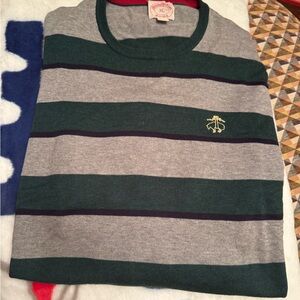 Like New! Brooks Brothers Green and Gray Striped Crewneck Sweater